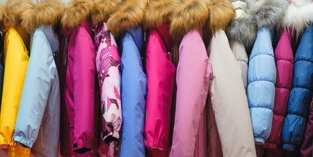 A row of colorful coats hang on a rack. The colors include pink, blue, yellow, and white