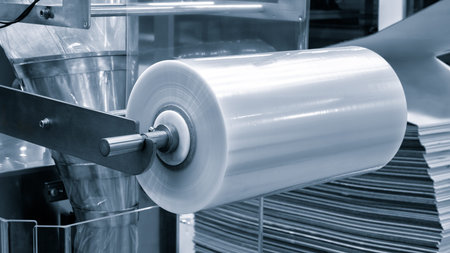 Automatic polyethylene plastic bag production machine with lighting effect. Close-up of the roller...