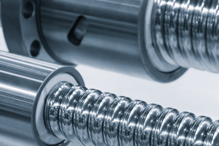 Metal screw drive with threaded shaft and bushing, industrial concept background