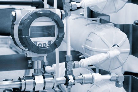 Industrial water supply system with water filters and electronic pressure meters