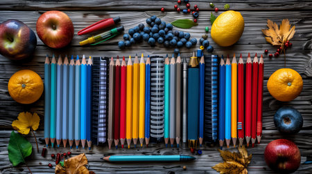 Black to school, table with a variety of colorful pencils, pens, and notebooks. table is surrounded...