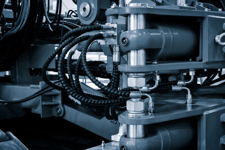Part of a hydraulic industrial machine, control levers of a hydraulic machine, industrial conceptの写真素材