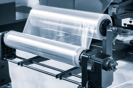 Automatic polyethylene plastic bag production machine with lighting effect. Close-up of the roller...