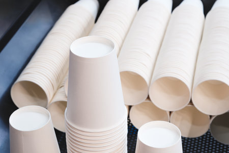 A stack of white paper cups are on a table. The cups are all the same size and shapeの写真素材