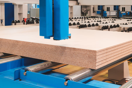 A stack of wooden boards Chipboard are being cut by a machine. The boards are all the same size and...