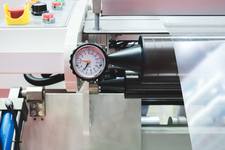 Automatic polyethylene plastic bag production machine with lighting effect. Close-up of the roller of the plastic bag production machine in the light blue scene. product packaging conceptの写真素材