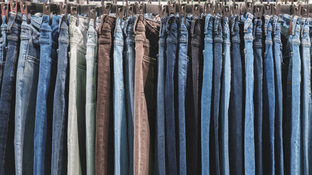 A row of jeans hanging on a rack. The jeans are of different colors and styles. Concept of variety and choice, as the person hanging the jeans can pick from a wide range of optionsの写真素材