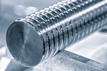 Close up of industrial metal screw shaft as part of screw transmission. Industrial background conceptの写真素材