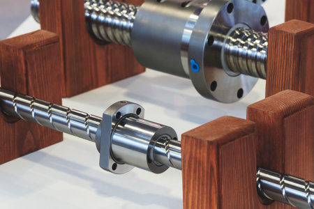 Close up of industrial metal screw shaft as part of screw transmission. Industrial background...