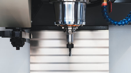 A cnc machine with a drill bit in it. The machine is black and silver