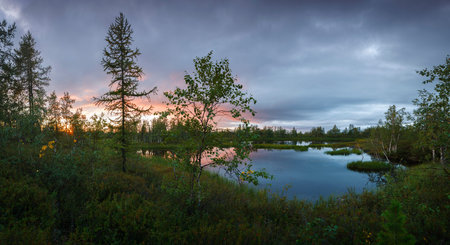 Beautiful summer northern landscape, sunset over the lake, silence and tranquility concept