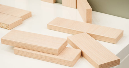 A stack of wooden blocks on a table. The blocks are of different sizes and are arranged in a way...