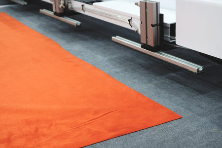A machine is cutting a red carpet. The carpet is being cut into a square shape