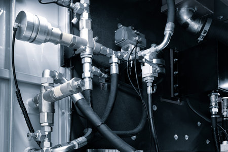 A black and white image of a pipe system with a lot of different pipes and valves. Concept of...