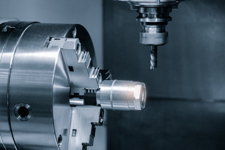 Industrial concept. Manufacturing CNC professional lathe machineの写真素材