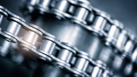 Gear chain drive shaft in conveyor belt is on production line. Timing chain of car, tensioners in...