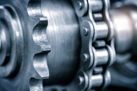 Gear chain drive shaft in conveyor belt is on production line. Timing chain of car, tensioners in...
