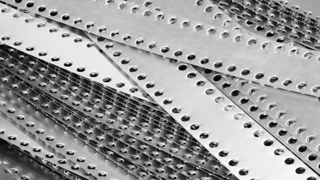 A pile of metal pieces with holes in them. The holes are of different sizes and shapes. The metal...
