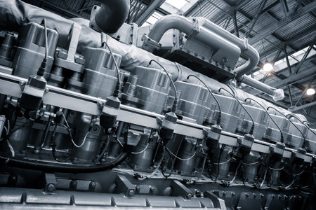 A large engine with many parts is shown in a factory. The engine is made of metal and has a lot of...