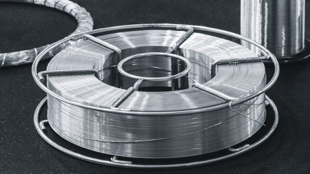 A silver wire is on a black surface. The wire is twisted and bent. The wire is surrounded by a metal...