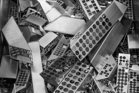 A pile of metal pieces with holes in them. The pieces are of different shapes and sizes. Concept of disorganization and chaos, as the metal pieces are scattered and piled up in various directionsの写真素材