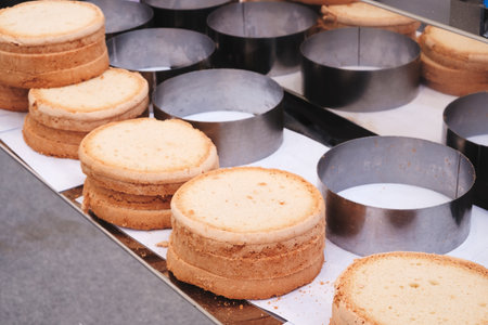 A row of cakes with a silver pan in the middle. The cakes are stacked on top of each otherの写真素材