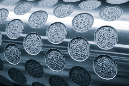 A silver sheet with a pattern of circles on it. The circles are evenly spaced and the surface is shiny.の写真素材