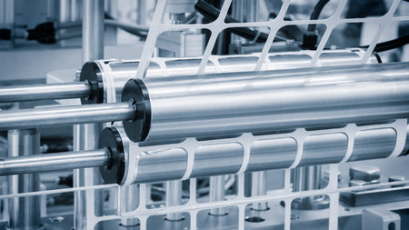 machine packs products into white plastic containers. The machine has two rollers and a conveyor...