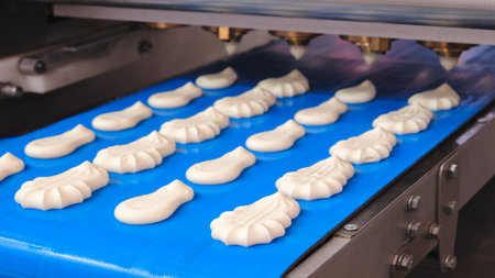 A conveyor belt is filled with a variety of pastries, including cookies and cakes. The pastries are...