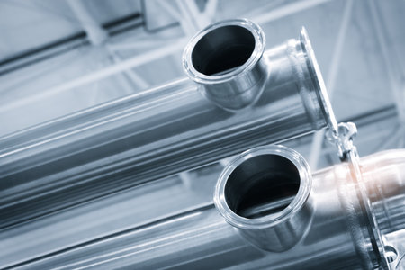 Machine for the production of dairy products with a series of metal stainless steel cylinders and pipes with silver trim. The cylinders are connected to each other and appear to be part of a larger systemの写真素材