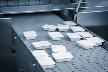 A conveyor belt with plastic containers on it. The conveyor belt is moving and the containers are being placed on itの写真素材