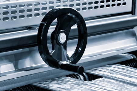 Conveyor belt in bakery factory, products bread concept background