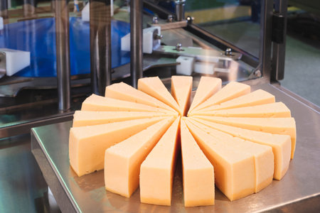 A large piece of cheese is cut into slices and placed on a metal surface. The slices are arranged in a circle, with some of them overlapping. Concept of precision and attention to detailの写真素材