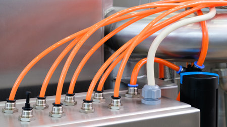 Pneumatic industrial conveyor machine with orange plastic tubes, industrial concept background