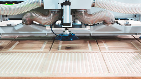 A machine is cutting wood. The machine has a blue brush on it