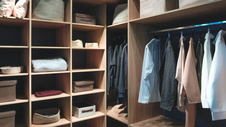 A closet with many clothes hanging on the rack. There are many shirts and a few pants. A few boxes are also in the closetの写真素材