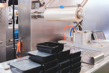 Automatic polyethylene plastic bag production machine with lighting effect. Close-up of the roller of the plastic bag production machine in the light blue scene. product packaging conceptの写真素材