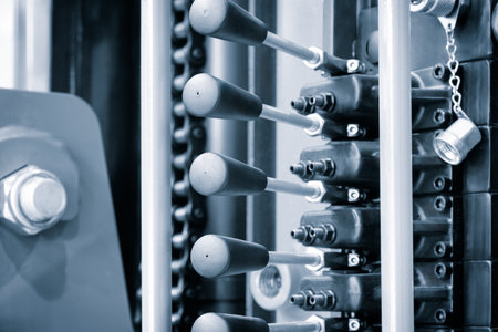 A machine with a chain hanging from it. The chain is attached to a knob. The knob is black and has a silver chain hanging from itの写真素材