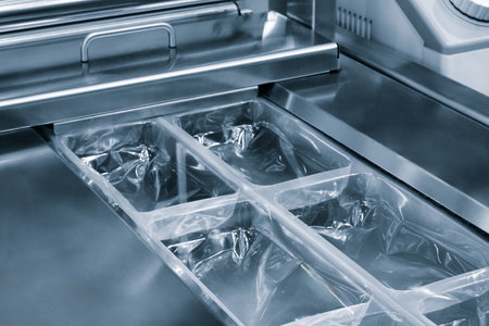 Automatic polyethylene plastic box production machine with lighting effect. Close-up of the roller of the plastic bag production machine in the light blue scene. product packaging conceptの写真素材