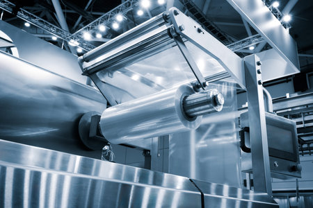 Automatic polyethylene plastic bag production machine with lighting effect. Close-up of the roller...
