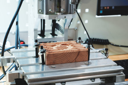 A wood block is being cut by a machine. The machine is on a table.