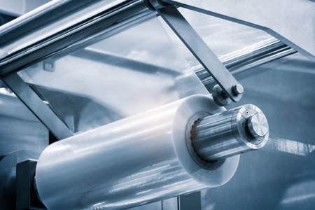 Automatic polyethylene plastic bag production machine with lighting effect. Close-up of the roller...