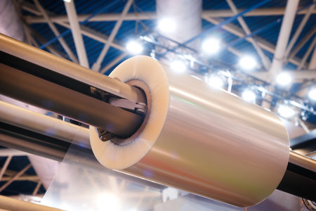 Automatic polyethylene plastic bag production machine with lighting effect. Close-up of the roller of the plastic bag production machine in the light blue scene. product packagingの写真素材