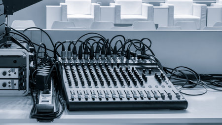 A large mixing console with lots of cords and cables on it in a conference room. The cords are tangled and the console is cluttered.の写真素材