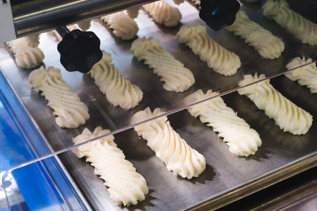 A tray of baked goods with a clear glass covering. The baked goods are white and have a spiral shape