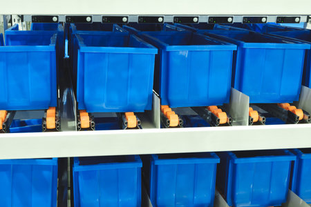 A row of blue plastic containers with orange handles are stacked on top of each other. The...
