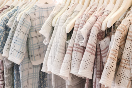 Rack of baby clothes with a variety of colors and patterns. The clothes are hanging on white hangers