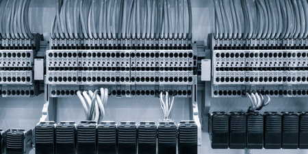 Color wires in a box of distribution of an electricity, PLC Control panel with wiring, control panel...