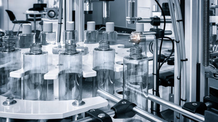 pharmaceutical industry, medicine pills are filling in the bottle on production line machine...