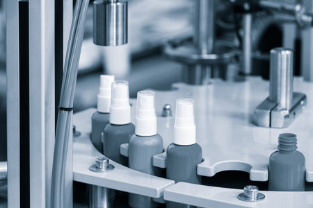 pharmaceutical industry, medicine pills are filling in the bottle on production line machine conveyor at the medical factory. selective focus.の写真素材